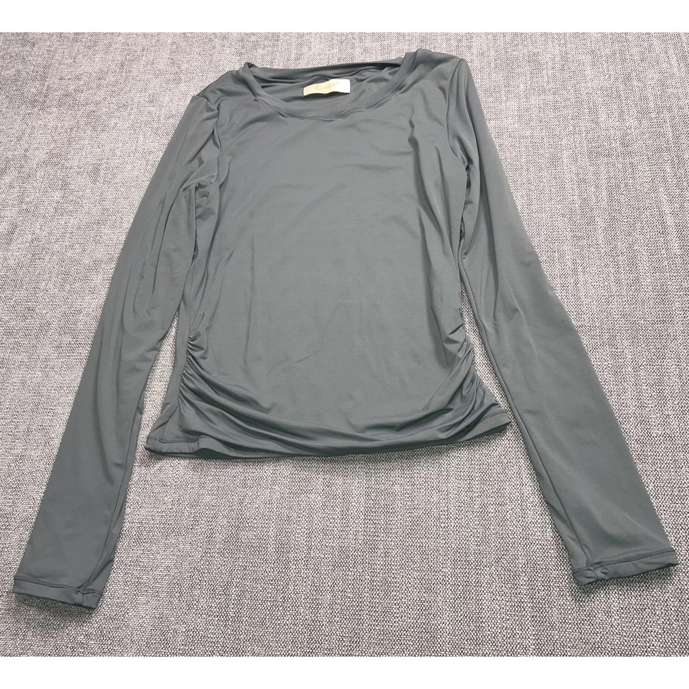 Qinsen Side Ruched Long Sleeve Shirt Womens Gray Stretch Crew Neck Casual S